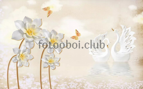 цветы, кувшинки, бабочки, лебеди, 3д, 3d